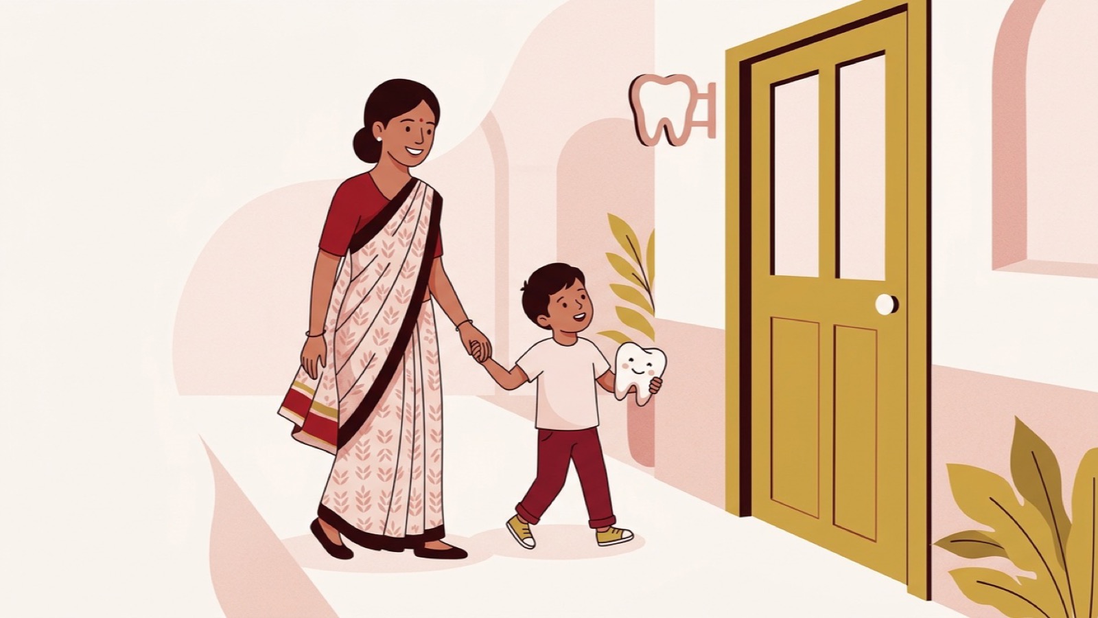 Illustration of a parent and child walking to a dental visit together