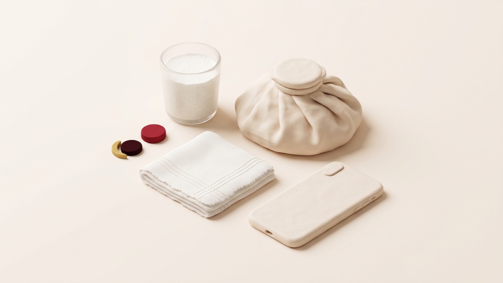Illustration of dental first-aid items: milk, gauze, an ice pack and a phone