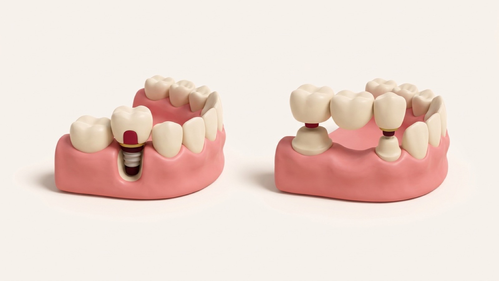 Illustration comparing a dental implant with a dental bridge