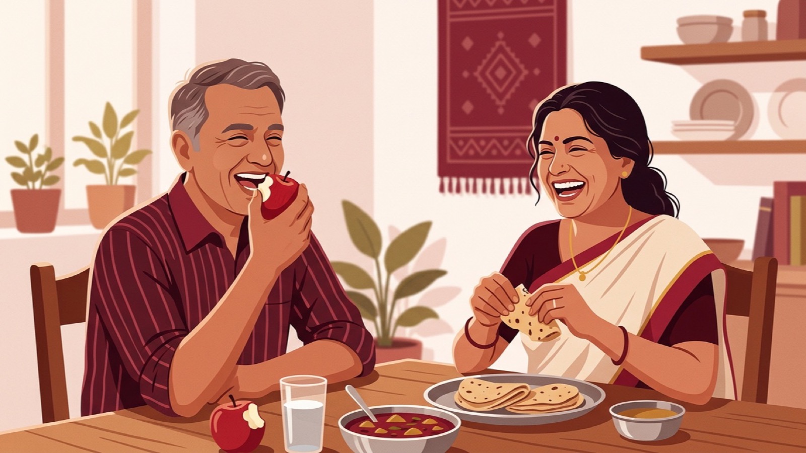 Illustration of an older couple enjoying a meal together