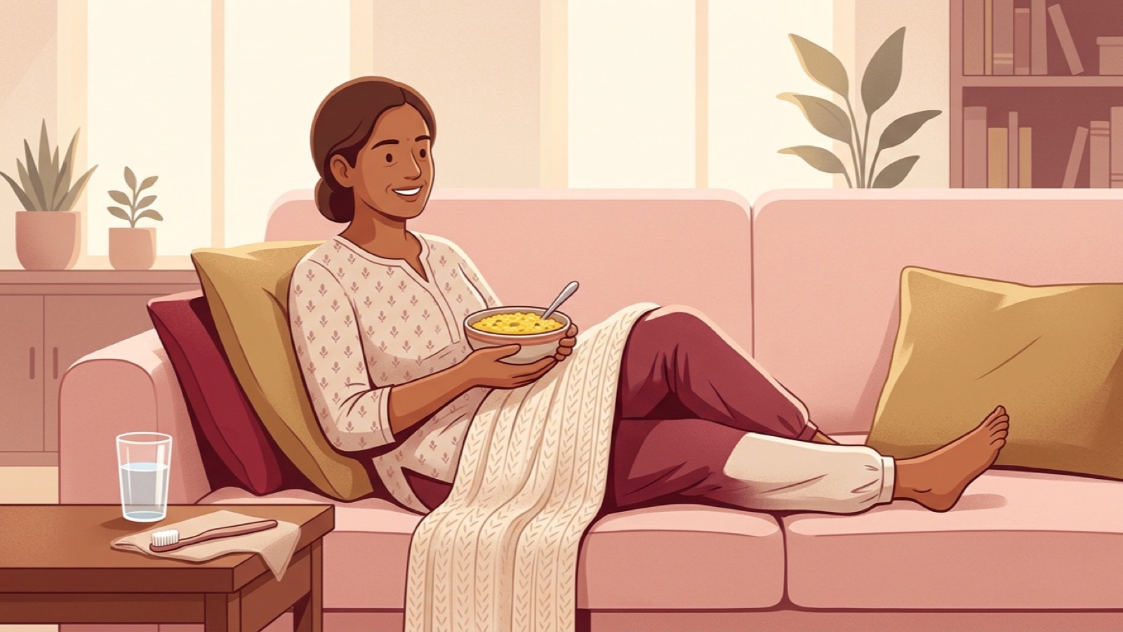 Illustration of a person resting at home with a soft meal after dental treatment
