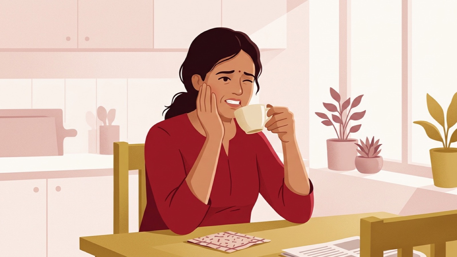 Illustration of a person holding their cheek after sipping hot tea