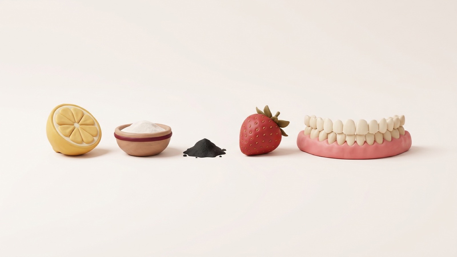 Illustration of lemon, baking soda, charcoal and a strawberry beside a shade guide