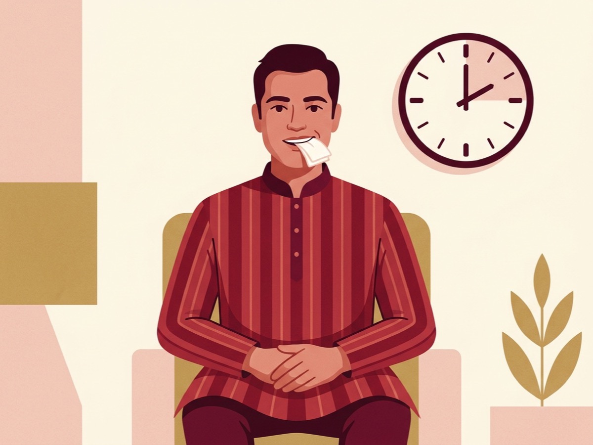 Illustration of a person biting on gauze to stop bleeding