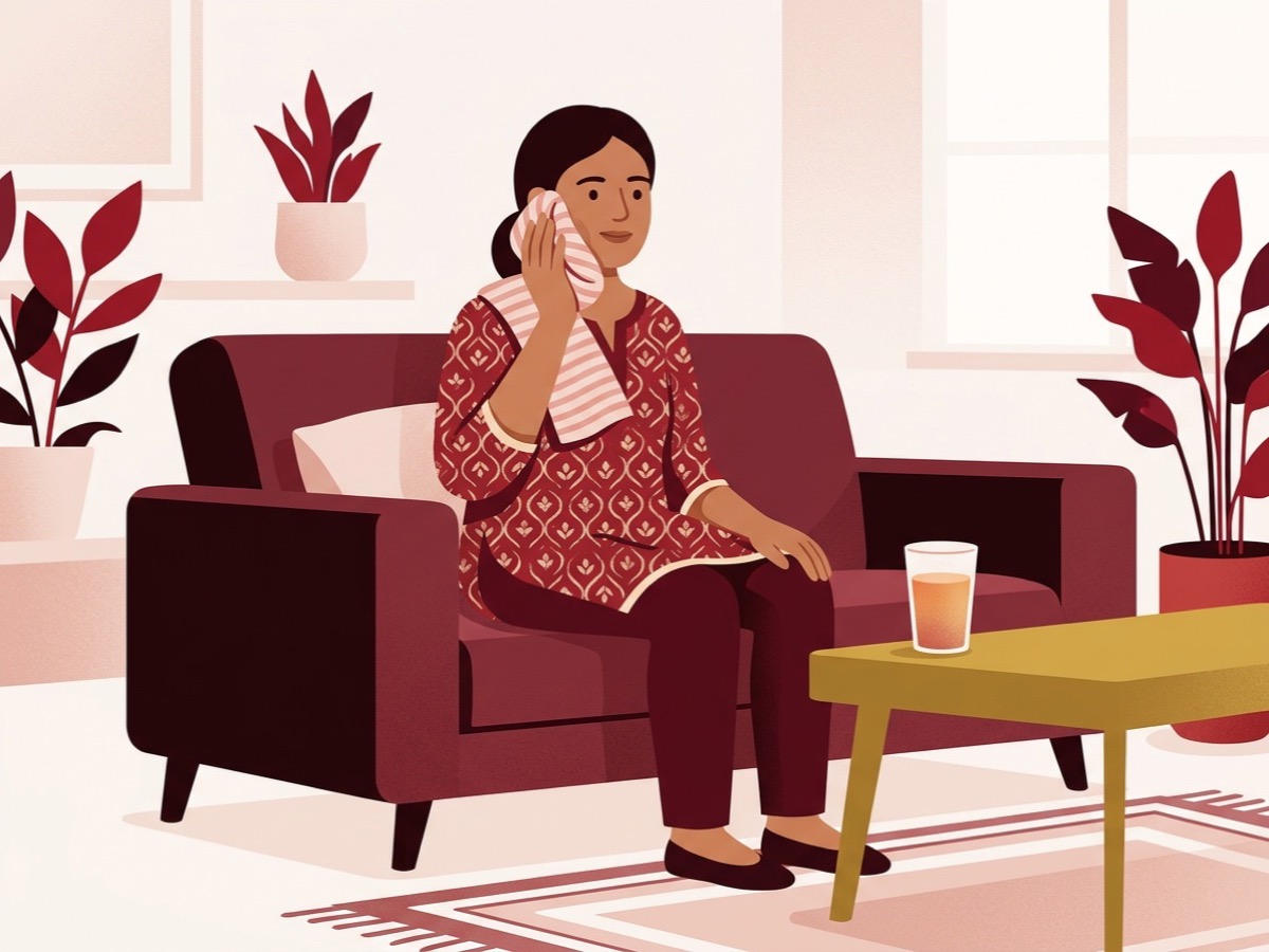 Illustration of a person holding a cold compress to their cheek