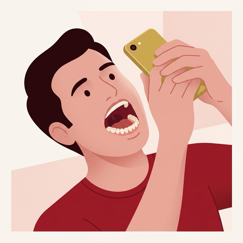 Illustration of a man photographing his lower teeth with a phone