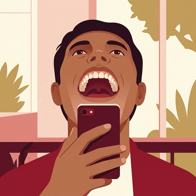 Illustration of a man photographing his upper teeth with a phone