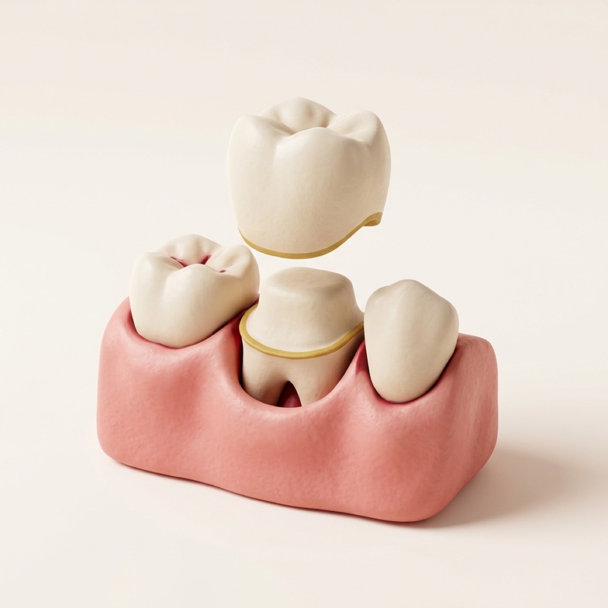 Illustration of a dental crown being placed onto a prepared tooth