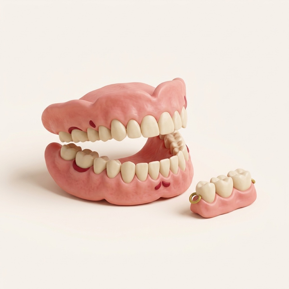 Illustration of a complete denture set and a small dental bridge
