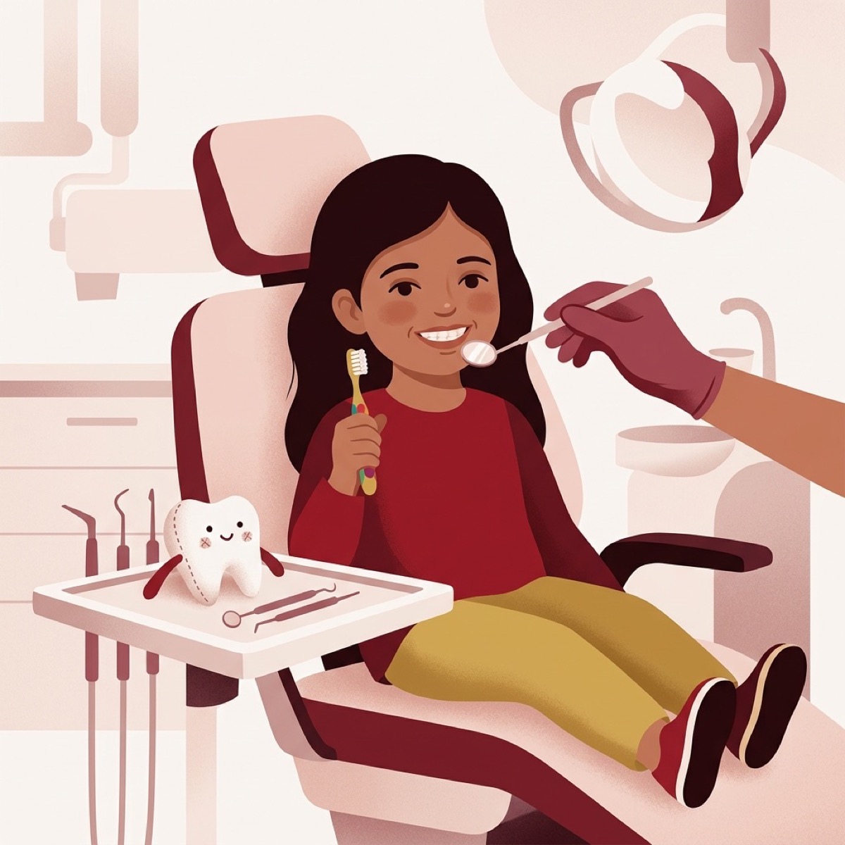 Illustration of a smiling child in a dental chair holding a toothbrush
