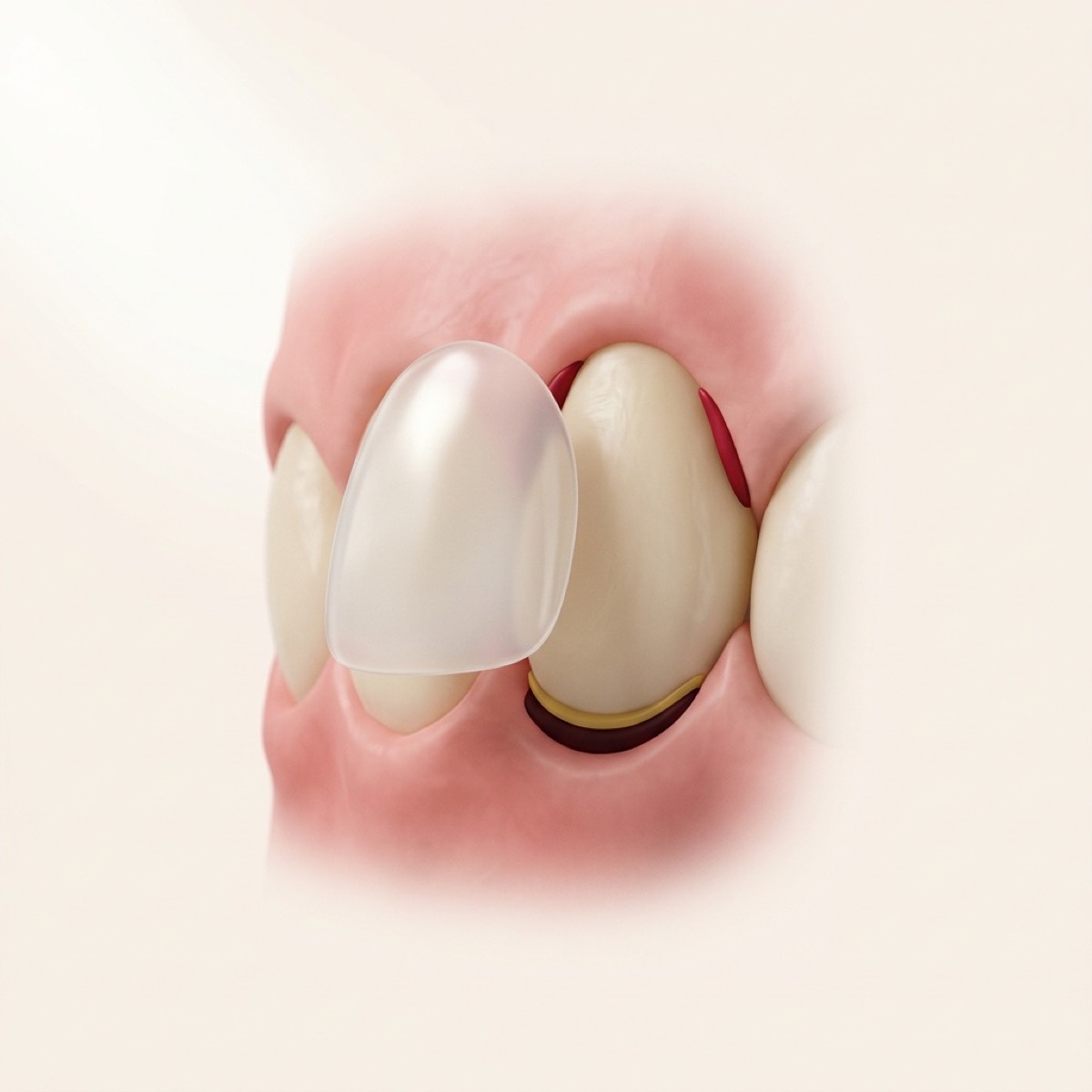 Illustration of a thin porcelain veneer about to be fitted onto a front tooth